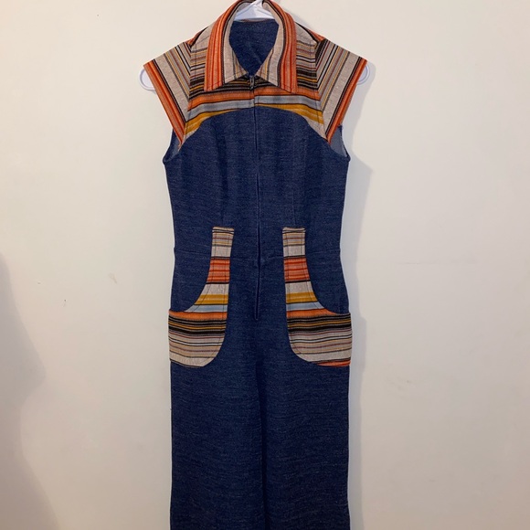 Vintage Pants - Rare Vintage 70’s Navy and Orange Striped Jumpsuit Size Small